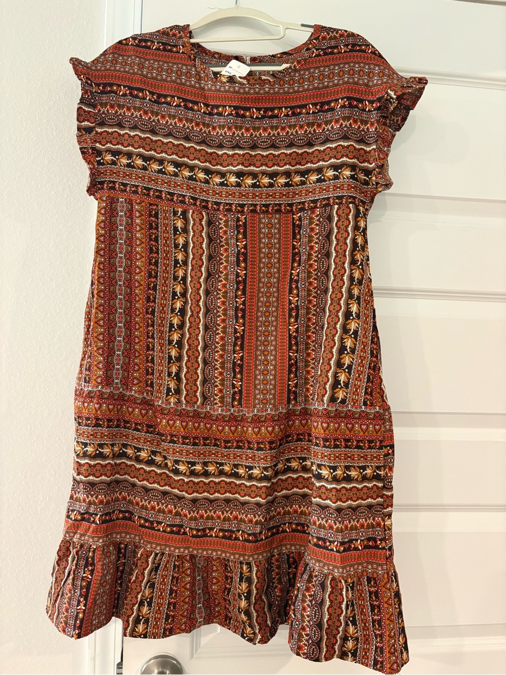 Boho Stripe Ruffle Hem Women's Dress - Rust Multi